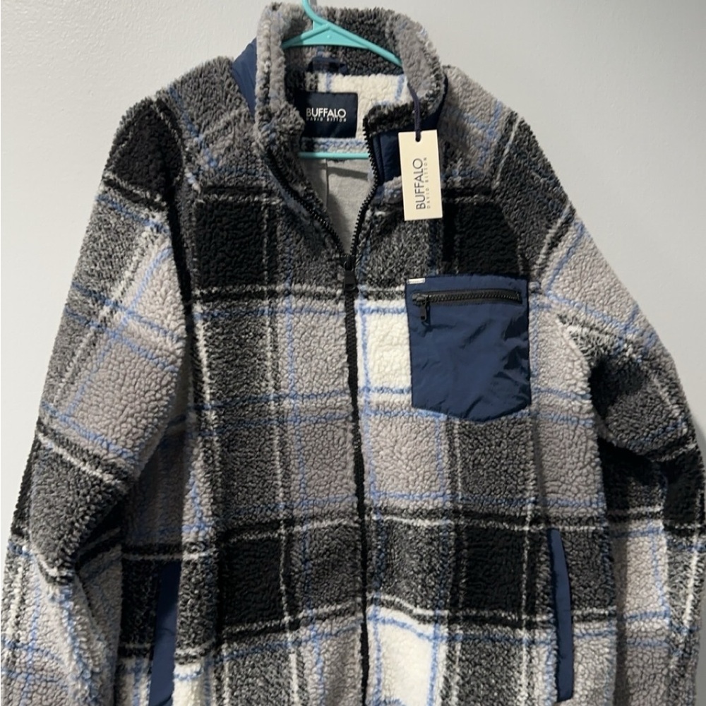 Buffalo David Bitton Gray, Black & Navy Plaid Sherpa Zip Jacket